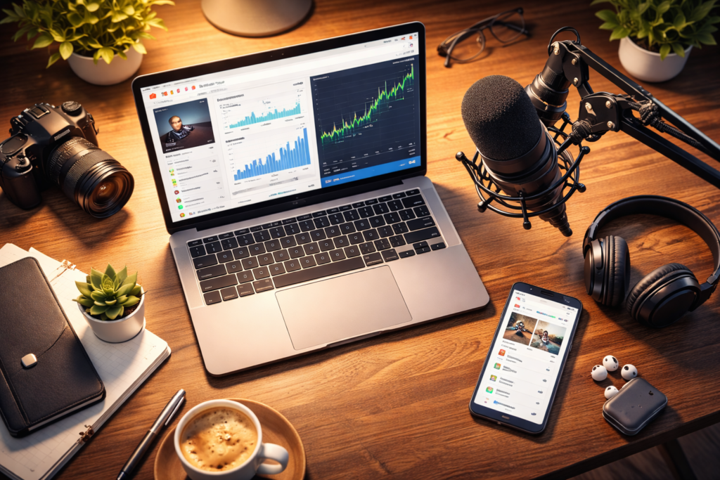डिजिटल वर्कस्पेस का दृश्य, जिसमें लैपटॉप पर एनालिटिक्स ग्राफ, माइक्रोफोन, कैमरा, मोबाइल और हेडफोन के साथ ऑनलाइन कंटेंट क्रिएशन और डिजिटल कमाई के साधन दिखाए गए हैं