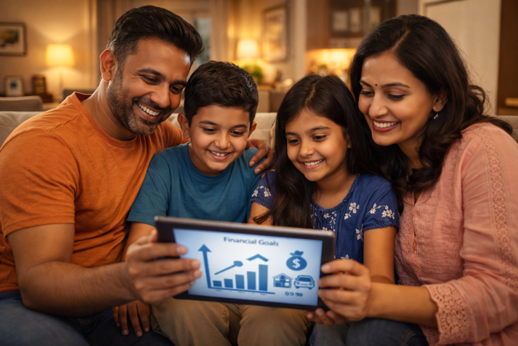 मिडिल क्लास भारतीय परिवार टैबलेट पर वित्तीय लक्ष्यों और आय वृद्धि का ग्राफ देखते हुए, बच्चों के साथ मिलकर फाइनेंशियल प्लानिंग करते हुए