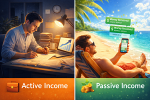 Active Income और Passive Income का अंतर दर्शाता चित्र, जिसमें एक व्यक्ति ऑफिस में मेहनत से काम करता है और दूसरी ओर समुद्र किनारे आराम करते हुए मोबाइल से पैसिव इनकम प्राप्त करता दिखाया गया है