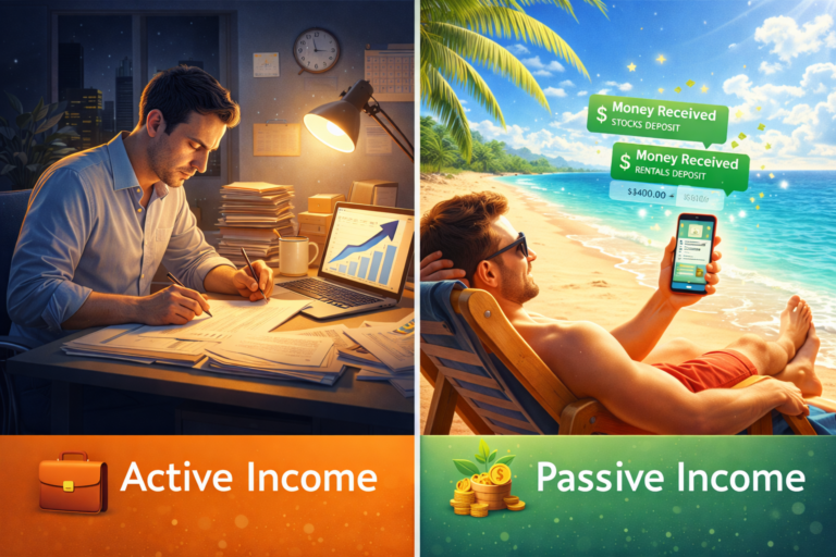 Active Income और Passive Income का अंतर दर्शाता चित्र, जिसमें एक व्यक्ति ऑफिस में मेहनत से काम करता है और दूसरी ओर समुद्र किनारे आराम करते हुए मोबाइल से पैसिव इनकम प्राप्त करता दिखाया गया है