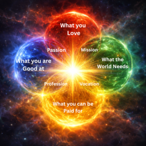 चार रंगों के ऊर्जा गोले एक-दूसरे में मिलते हुए, जिनके केंद्र में सुनहरी और सफेद रोशनी का विस्फोट है, जो इकिगाई यानी जीवन के उद्देश्य को दर्शाता है।