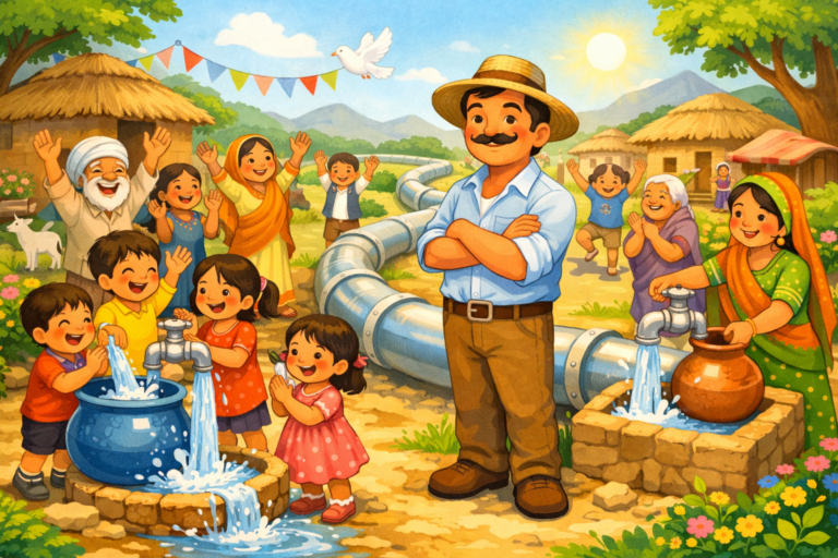 पाइपलाइन के माध्यम से झील से गाँव तक पानी पहुँचता हुआ, बच्चों की प्रेरणादायक कहानी का रंगीन चित्र