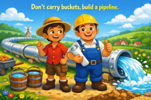 बाल कहानी का चित्र जिसमें पाब्लो और ब्रूनो पाइपलाइन से बहते पानी के पास खड़े हैं और मेहनत व समझदारी की सफलता दिखा रहे हैं
