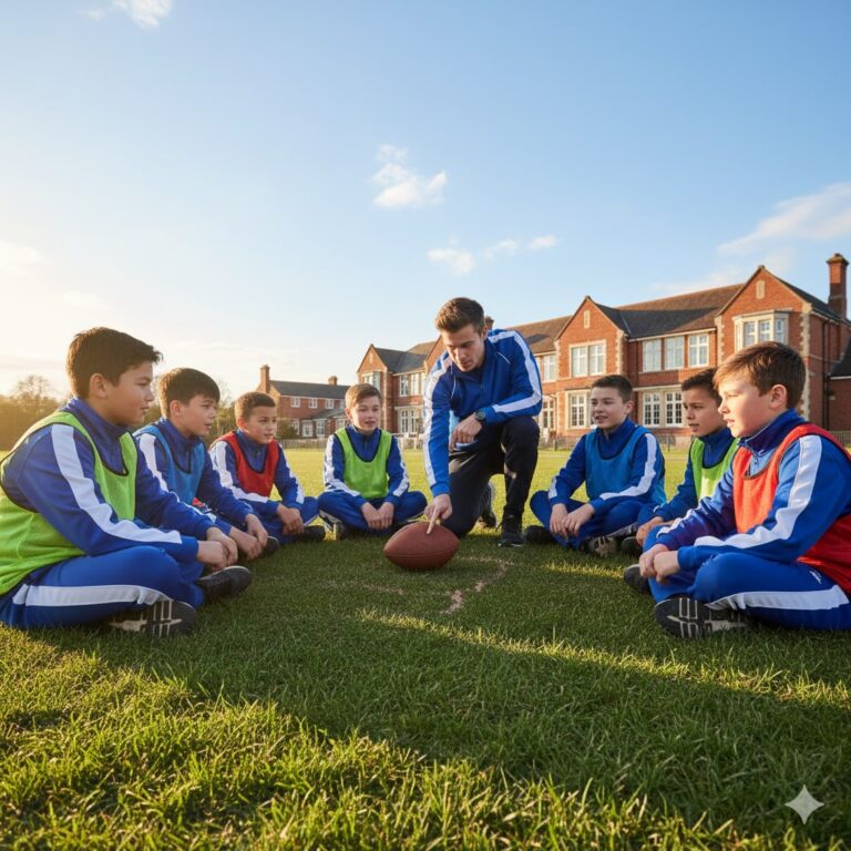 स्कूल के मैदान में टीम वर्क और अनुशासन सीखते छात्र।