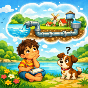 नदी किनारे बैठा पाब्लो पाइपलाइन का विचार सोचते हुए, ऊपर पानी की पाइपलाइन का सपना दिखाता चित्र, बच्चों की प्रेरणादायक कहानी