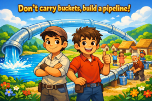 पाब्लो और ब्रूनो गाँव में पानी की पाइपलाइन के सामने खड़े हैं, पाइप से पानी बह रहा है और पीछे बच्चे व बुज़ुर्ग खुशी मना रहे हैं, मेहनत बनाम स्मार्ट काम की सीख दर्शाती चित्रकारी।