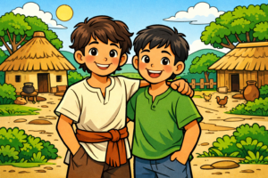 गाँव की पृष्ठभूमि में खड़े पाब्लो और ब्रूनो, मुस्कुराते हुए दोस्ती की शुरुआत दिखाते हुए, बच्चों की नैतिक कहानी का दृश्य