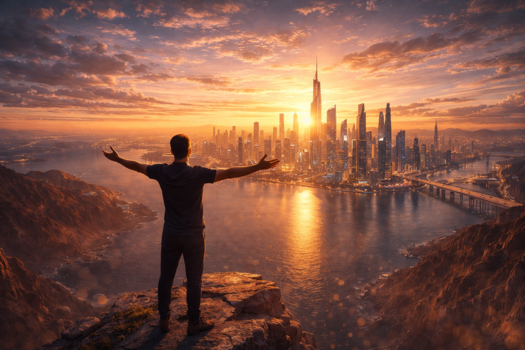 पहाड़ की चोटी पर खड़ा व्यक्ति खुले हाथों से चमकते शहर और सूर्योदय को निहारता हुआ, सफलता, आत्मविश्वास और नए अवसरों का प्रतीक दृश्य