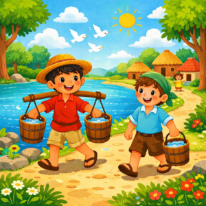 नदी से पानी लाते हुए पाब्लो और ब्रूनो, बाल्टियों के साथ मेहनत करते बच्चे, बच्चों की नैतिक कहानी का दृश्य