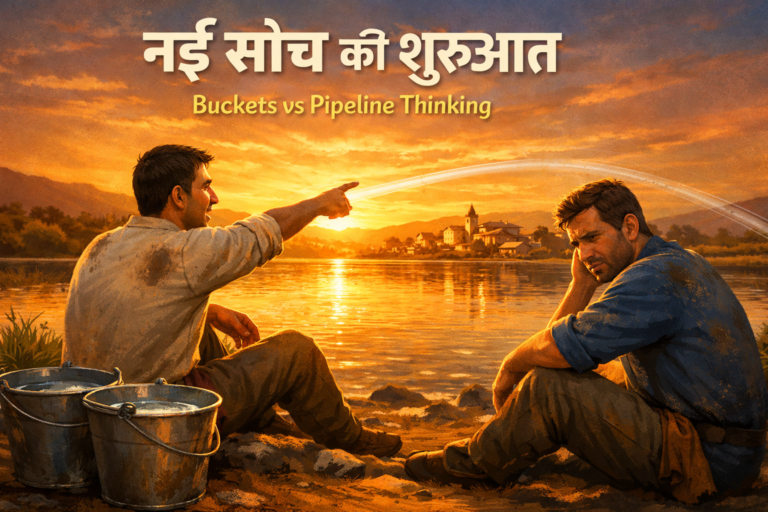 पाब्लो और ब्रूनो झील के किनारे बैठे हैं, पाब्लो पाइपलाइन आइडिया समझा रहा है जबकि ब्रूनो संदेह में है, बाल्टियाँ पास में रखी हैं, sunset का प्रेरणादायक दृश्य