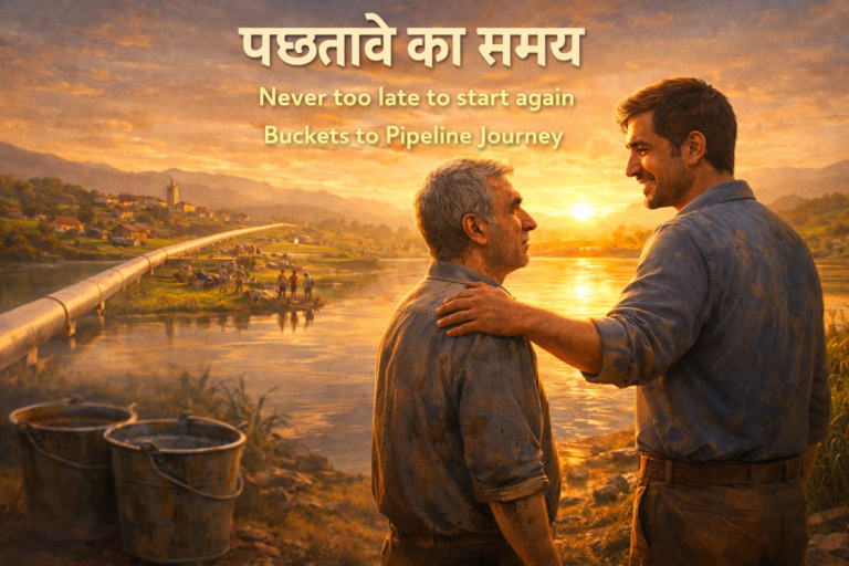 पाब्लो और ब्रूनो झील के किनारे सूर्योदय के समय मिलते हुए, ब्रूनो बुजुर्ग और थका हुआ दिख रहा है जबकि पाब्लो उसे प्रेरित कर रहा है, बैकग्राउंड में पाइपलाइन और गाँव का विकास