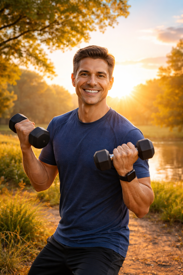 सुबह के समय व्यायाम करता हुआ एक स्वस्थ व्यक्ति।