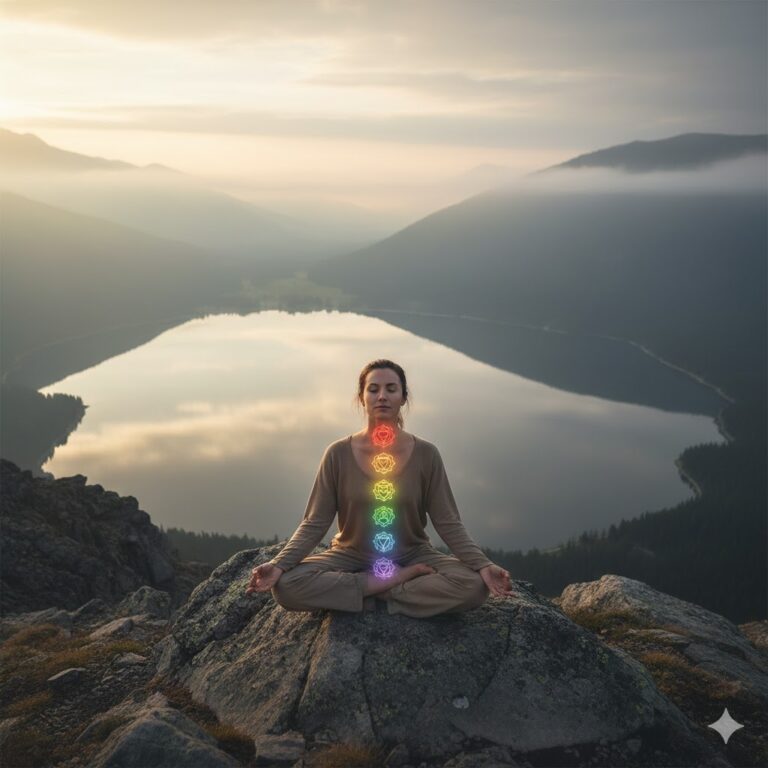 ध्यान की मुद्रा में बैठा एक व्यक्ति जो आंतरिक शांति महसूस कर रहा है।