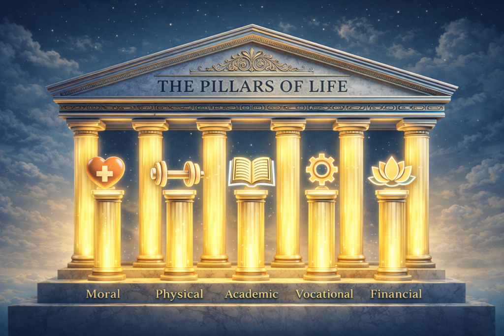 जीवन के छह स्तंभ दर्शाता प्रेरणादायक चित्र – नैतिक, शारीरिक, शैक्षणिक, व्यावसायिक, वित्तीय और आध्यात्मिक विकास के प्रतीकों के साथ सुनहरे स्तंभ