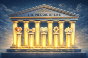 जीवन के छह स्तंभ दर्शाता प्रेरणादायक चित्र – नैतिक, शारीरिक, शैक्षणिक, व्यावसायिक, वित्तीय और आध्यात्मिक विकास के प्रतीकों के साथ सुनहरे स्तंभ