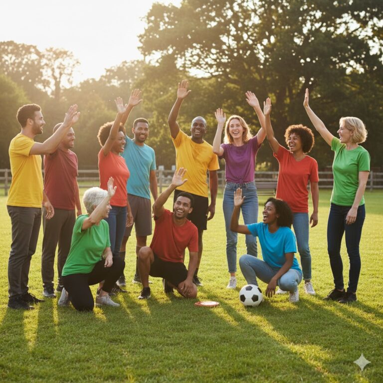 खेल के मैदान पर जीत का जश्न मनाते विभिन्न पृष्ठभूमि के लोग।