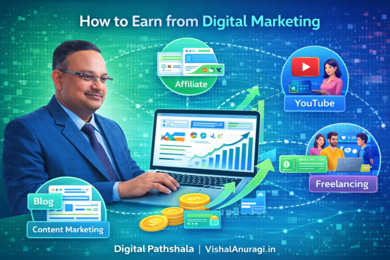 डिजिटल मार्केटिंग से पैसे कमाने के तरीके जैसे ब्लॉगिंग, एफिलिएट मार्केटिंग और यूट्यूब