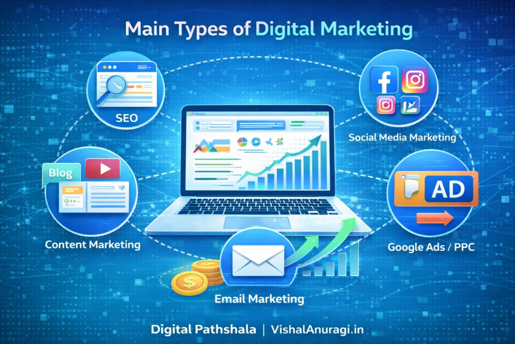डिजिटल मार्केटिंग के मुख्य प्रकार जैसे SEO, सोशल मीडिया मार्केटिंग, कंटेंट मार्केटिंग और Google Ads