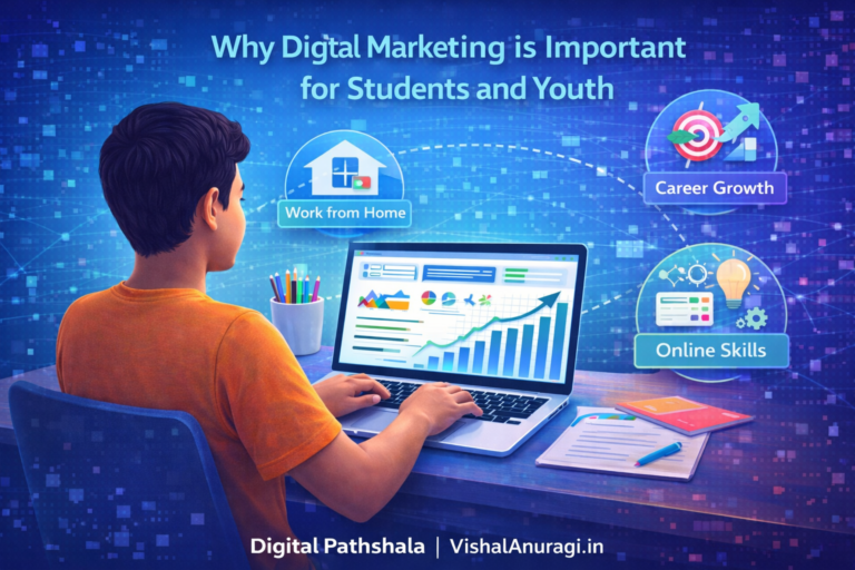 छात्र डिजिटल मार्केटिंग सीखते हुए लैपटॉप पर ऑनलाइन स्किल सीखते हुए