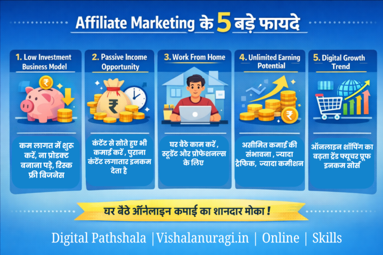 Affiliate Marketing के फायदे दिखाता इन्फोग्राफिक जैसे passive income, work from home और unlimited earning