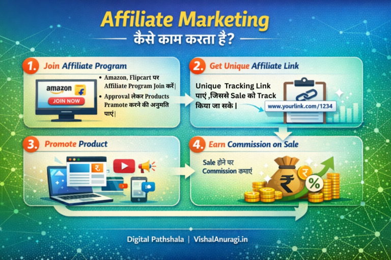 Affiliate Marketing के स्टेप्स दिखाता इन्फोग्राफिक जिसमें join, link, promote और earn process समझाया गया है