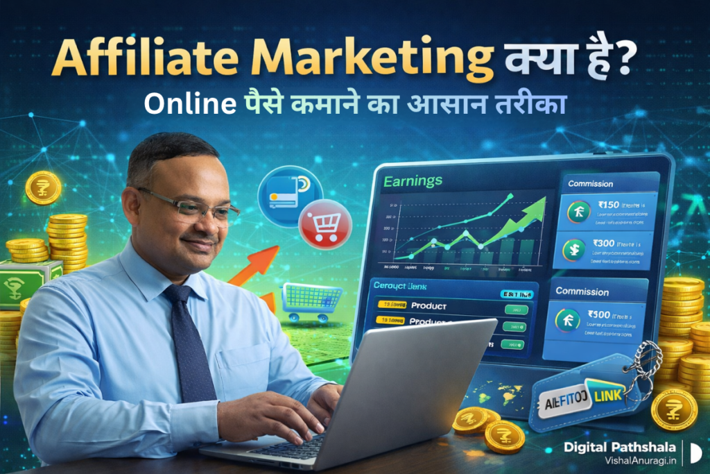 Affiliate Marketing से पैसे कमाने का तरीका दिखाता डिजिटल मार्केटिंग वर्कस्पेस