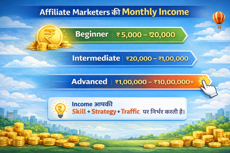 Affiliate Marketing income levels infographic जिसमें beginner से advanced तक monthly earning दिखाया गया है