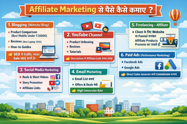 Affiliate Marketing earning methods infographic जिसमें blogging, YouTube, social media और email marketing दिखाया गया है