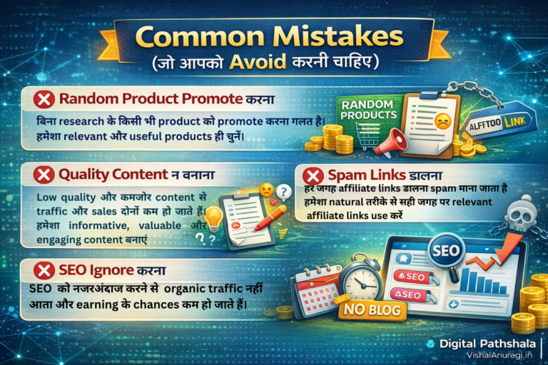 Affiliate Marketing common mistakes infographic जिसमें random product promotion, low quality content, spam links और SEO ignore करने की गलतियाँ दिखाई गई हैं