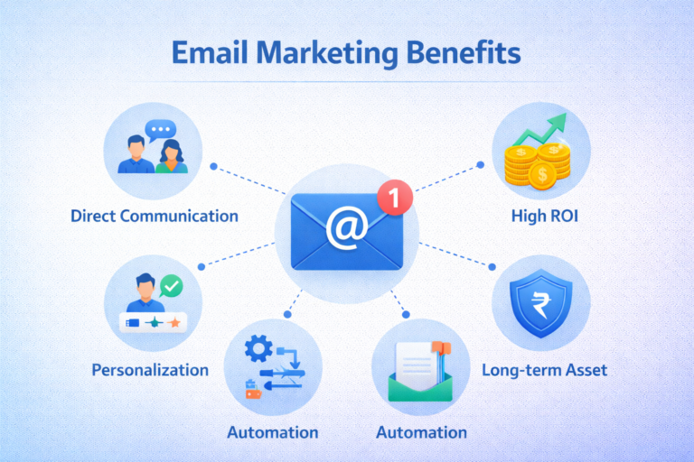 Email Marketing के फायदे जैसे direct communication, ROI और automation दिखाने वाली इमेज