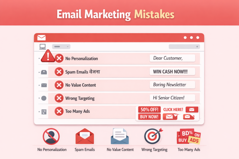 इस इमेज में email writing के important elements जैसे catchy subject line, personalization, storytelling और clear CTA को दिखाया गया है, जो conversion बढ़ाने में मदद करते हैं।