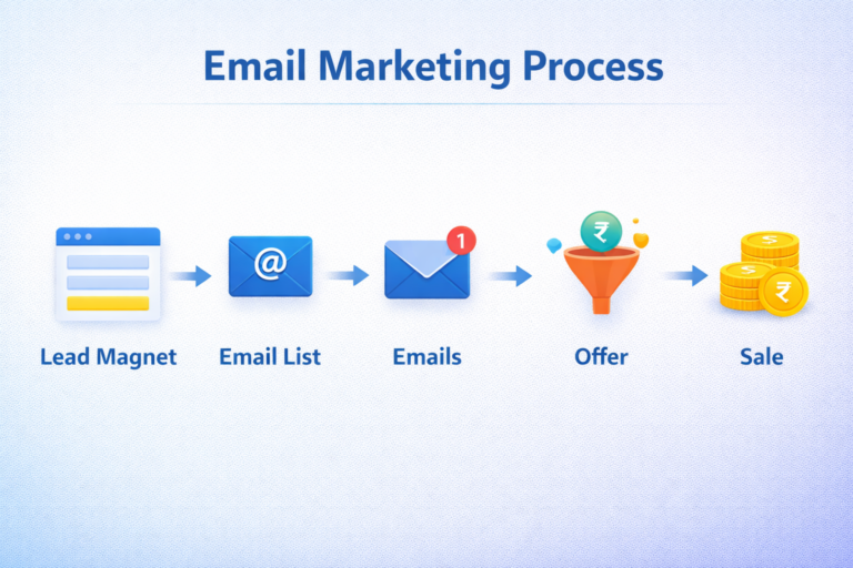 Email Marketing funnel process diagram जिसमें lead से sale तक का flow दिखाया गया है