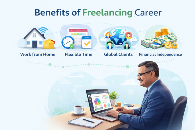 Benefits of freelancing career including work from home flexibility and online income.