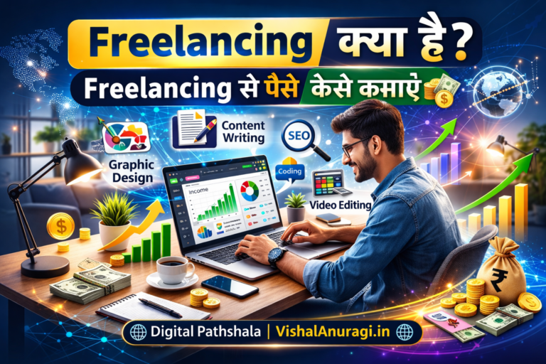 Freelancing business concept showing a young freelancer working on laptop with online clients and digital skills icons.