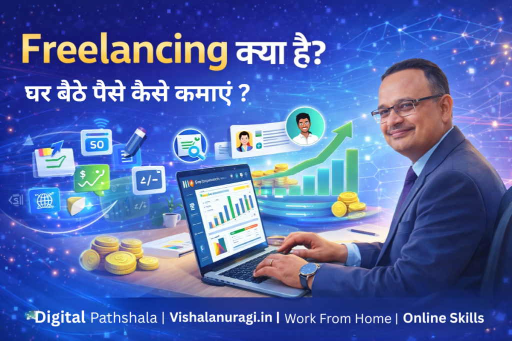 Freelancing business concept showing a young freelancer working on laptop with online clients and digital skills icons.