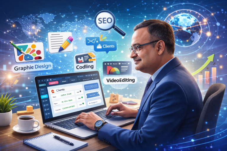 Freelancing concept illustration showing a freelancer working online with global clients and digital skills.