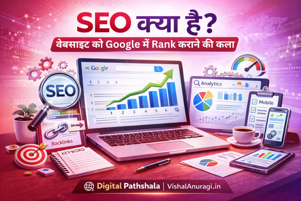 “SEO क्या है – Search Engine Optimization Complete Guide, Google ranking graph, keywords, analytics dashboard और digital marketing elements के साथ SEO concept illustration”