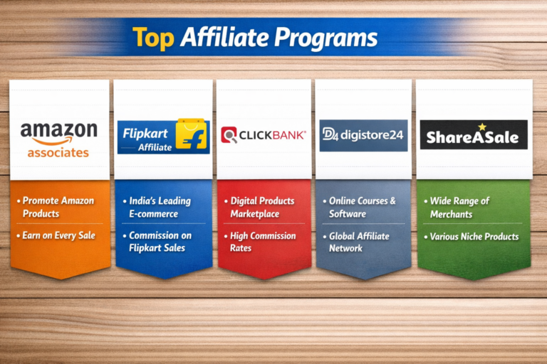 Top affiliate platforms infographic जिसमें Amazon, Flipkart, ClickBank, Digistore24 और ShareASale शामिल हैं
