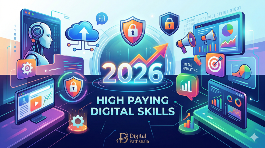 "2026 में टॉप हाई पेइंग डिजिटल स्किल्स जैसे AI, डेटा साइंस, और साइबर सिक्योरिटी को दर्शाती एक आधुनिक इंफोग्राफिक इमेज। इसमें भविष्य के करियर अवसरों और विकास को दर्शाया गया है। 'डिजिटल पाठशाला' की एक छात्र-केंद्रित प्रस्तुति।"