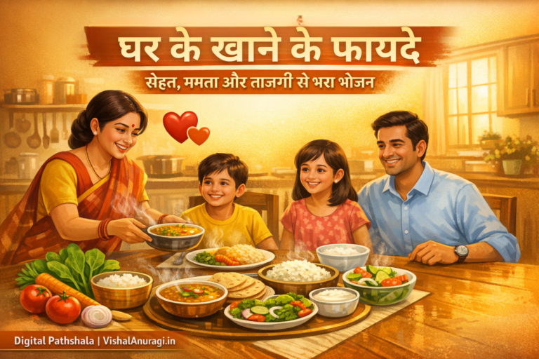 घर के खाने के फायदे दिखाता हुआ संतुलित भारतीय डाइट चार्ट इन्फोग्राफिक