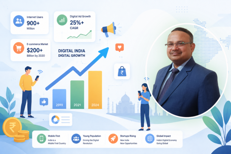 Digital India growth infographic showing digital marketing industry expansion, internet users growth, e-commerce market trends, analytics charts and online business opportunities.