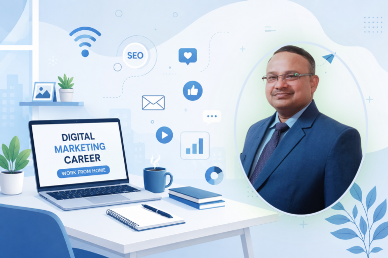 Work from home digital marketing career illustration showing laptop workspace, SEO icons, analytics symbols and professional mentor portrait.