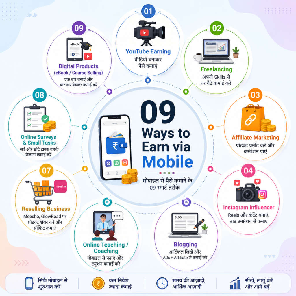 Mobile se paise kamane ke 09 best ways infographic showing YouTube, Freelancing, Affiliate Marketing, Blogging, Instagram Influencer and online earning methods
