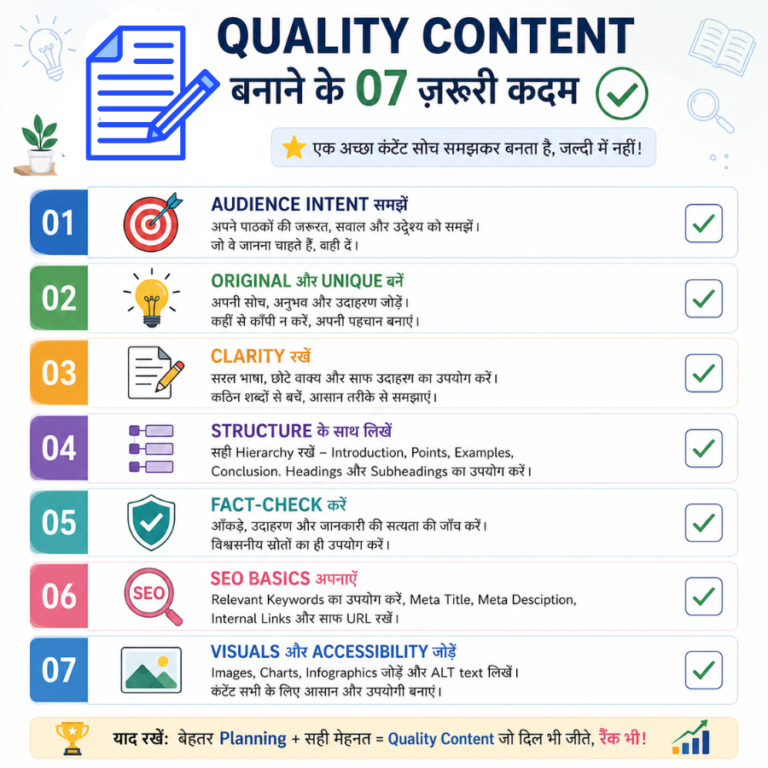 Quality Content बनाने की 7-step checklist दिखाता student-friendly infographic।
