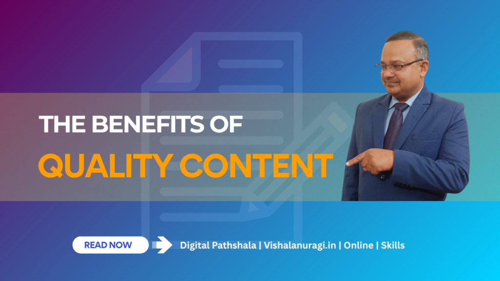 “Quality Content के फायदे बताते हुए प्रोफेशनल व्यक्ति, Digital Marketing Content Strategy illustration, Content Marketing Benefits concept”