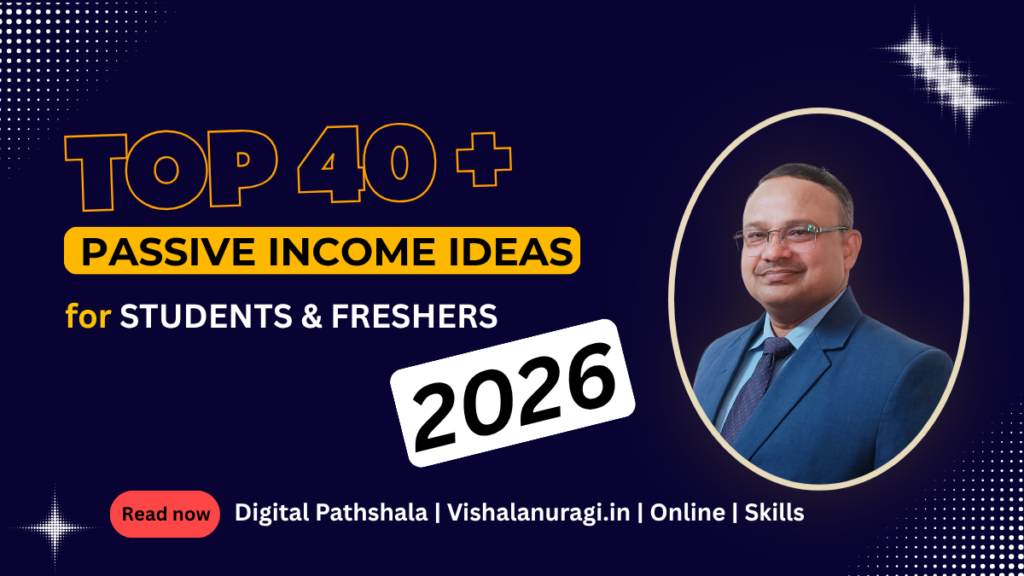 “Top 40+ Passive Income Ideas 2026 इन्फोग्राफिक जिसमें Students & Freshers के लिए ऑनलाइन कमाई के तरीके जैसे Blogging, YouTube, Affiliate Marketing और Digital Skills दर्शाए गए हैं।”