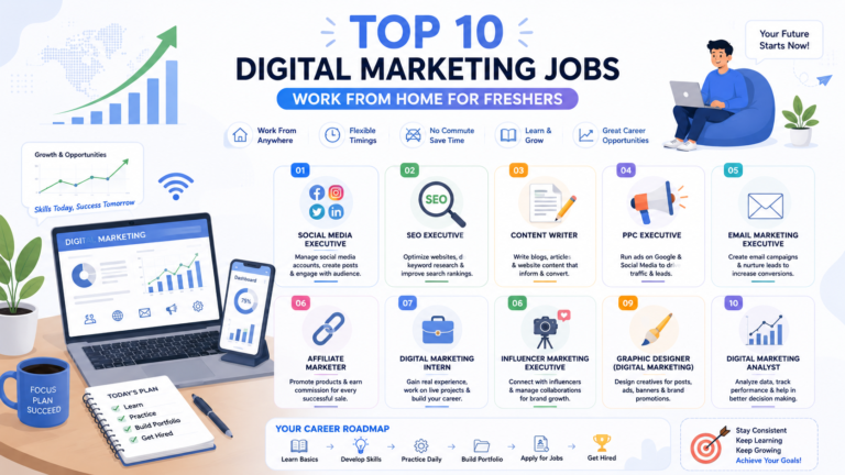 Top 10 digital marketing jobs work from home for freshers infographic showing SEO, social media marketing, content writing, PPC, email marketing and remote career opportunities.
