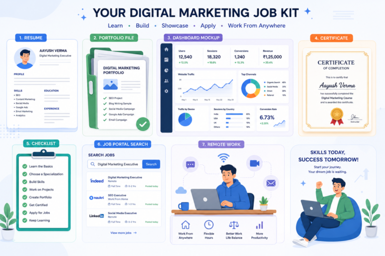 Digital marketing job kit infographic showing resume, portfolio, certification, remote work setup, analytics dashboard and job search tools for freshers.