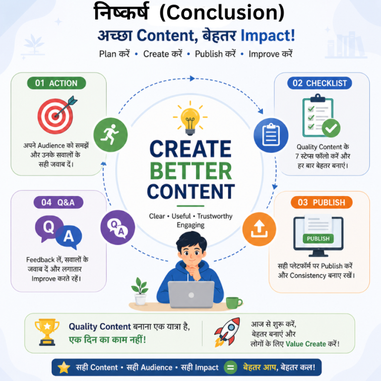 Quality Content पर blog wrap-up दिखाता infographic, जिसमें action, publish शामिल हैं।